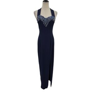 Vtg 90s Jump Dress Navy Column Beaded Sequin Halter Sz 5/6 Glam
